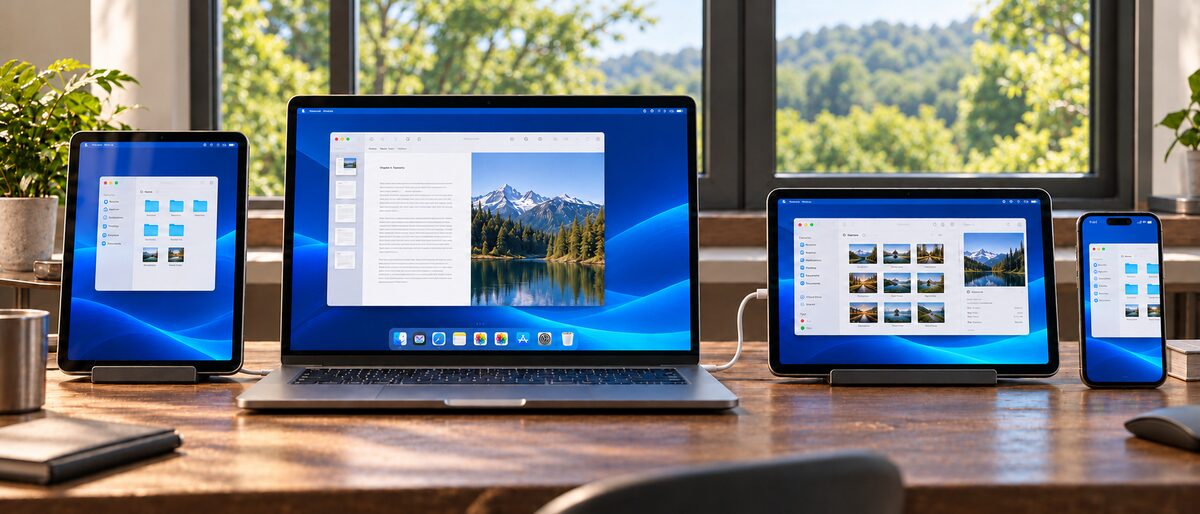 A laptop on a desk with two tablets and a phone beside it, all showing one continuous desktop